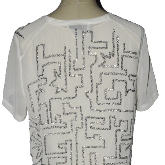 3.1 PHILLIP LIM SZ 6 S SMALL WHITE SILVER MAZE EMBROIDERED SEQUINS BLOUSE TOP - Picture 5 of 11